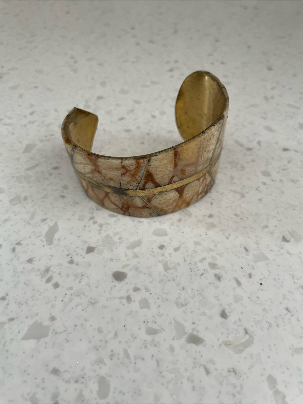 Vintage Gold Tone & Cream Stone Inlay Cuff Bracelet Wide Bangle Natural Tones